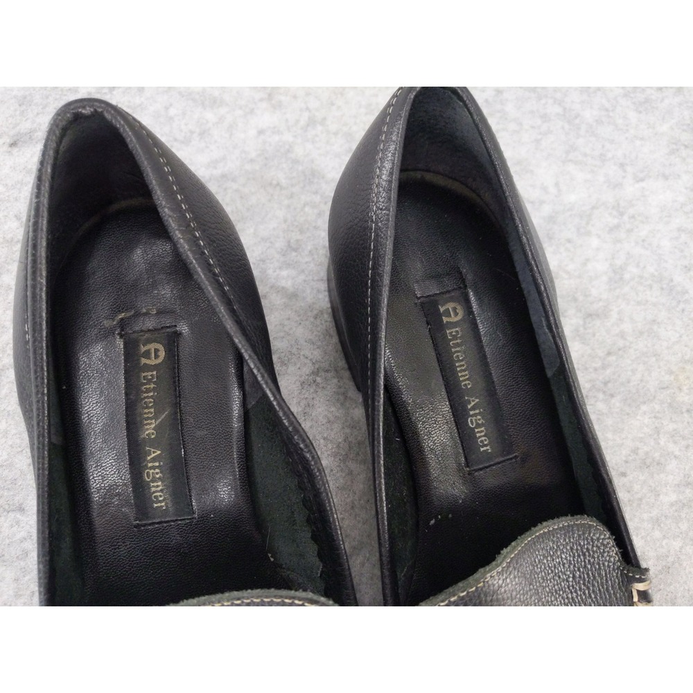 Etienne Aigner Quiz Loafers 9.5M Black Leather‎ Square Toe Block Heel Brazil - Picture 8 of 11